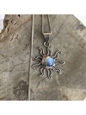 Sterling Silver 925 Mexico Blue Cats Eye Sun Moon Pendant Necklace 18" Chain